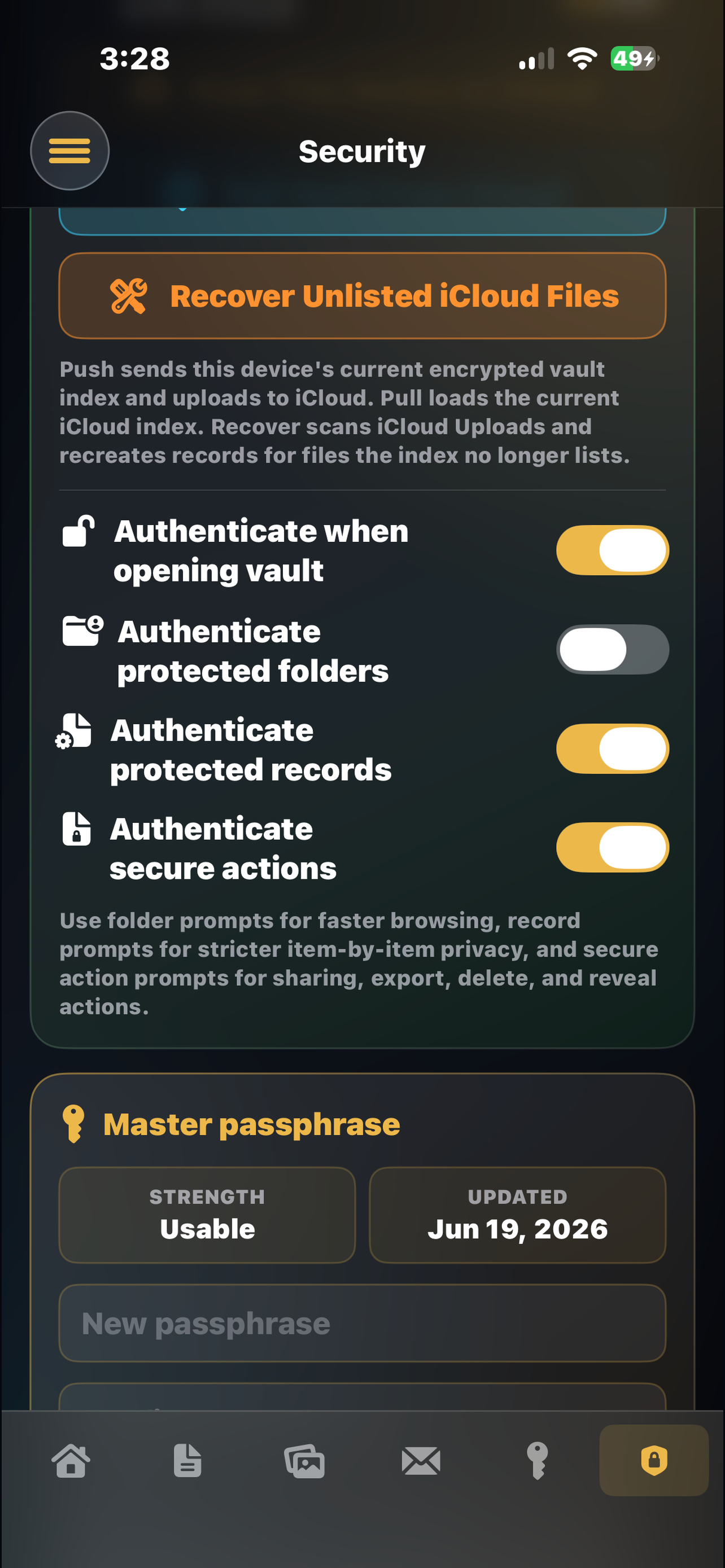 Authentication settings in eCryptex Vault