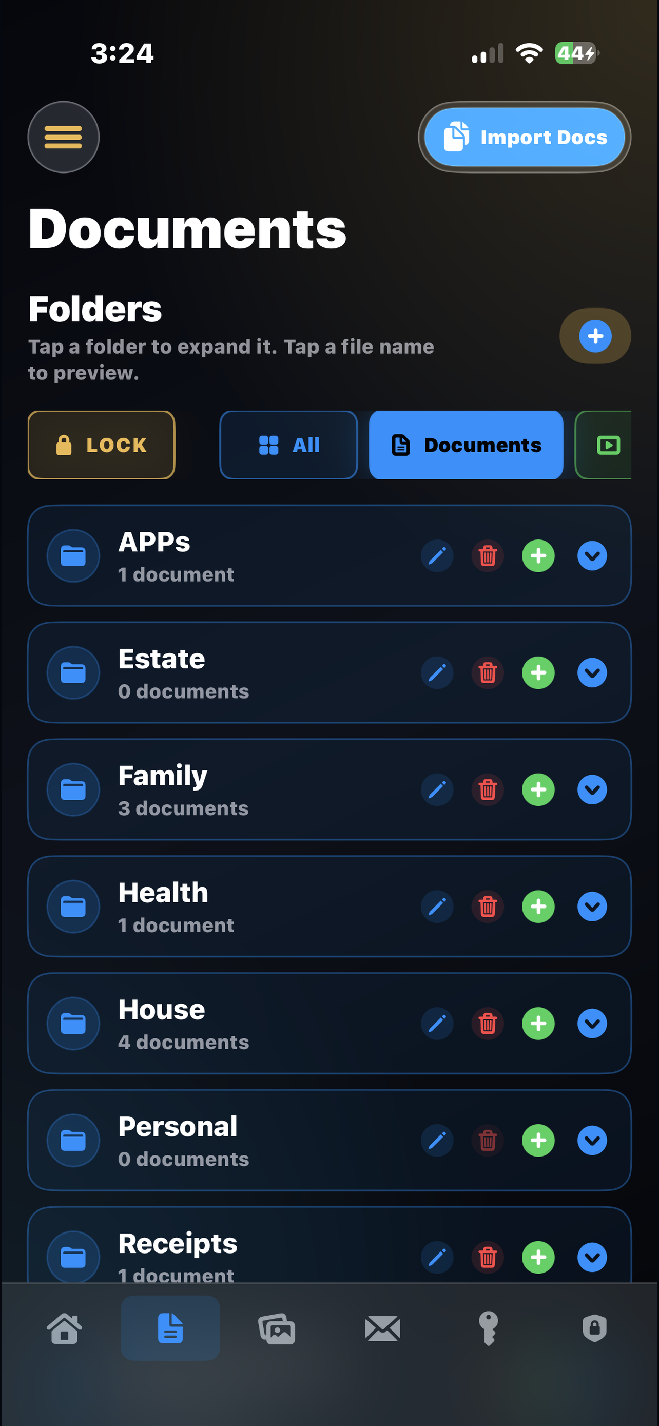 eCryptex Vault document folders screen
