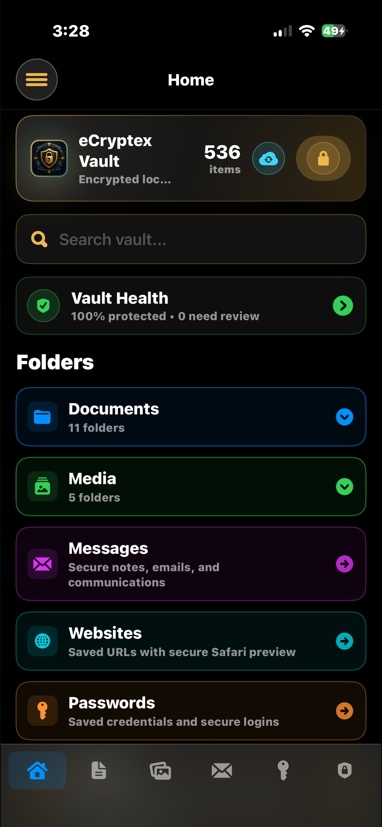 eCryptex Vault home dashboard on iPhone