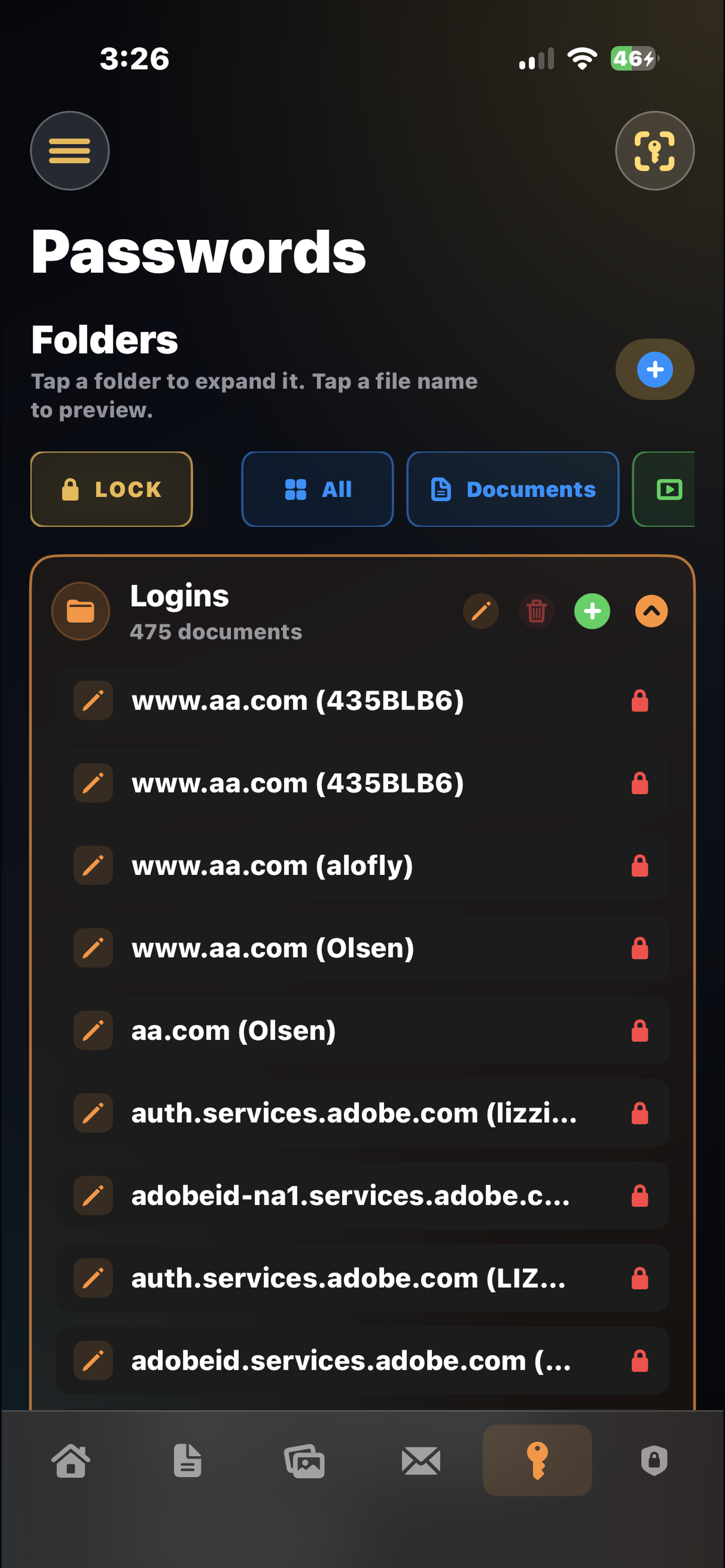 Password records in eCryptex Vault