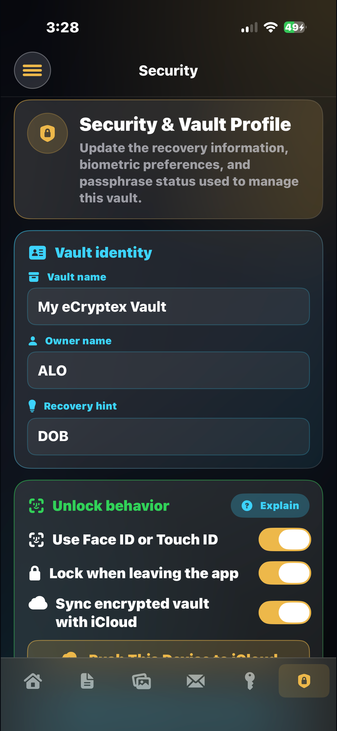 eCryptex Vault security profile screen